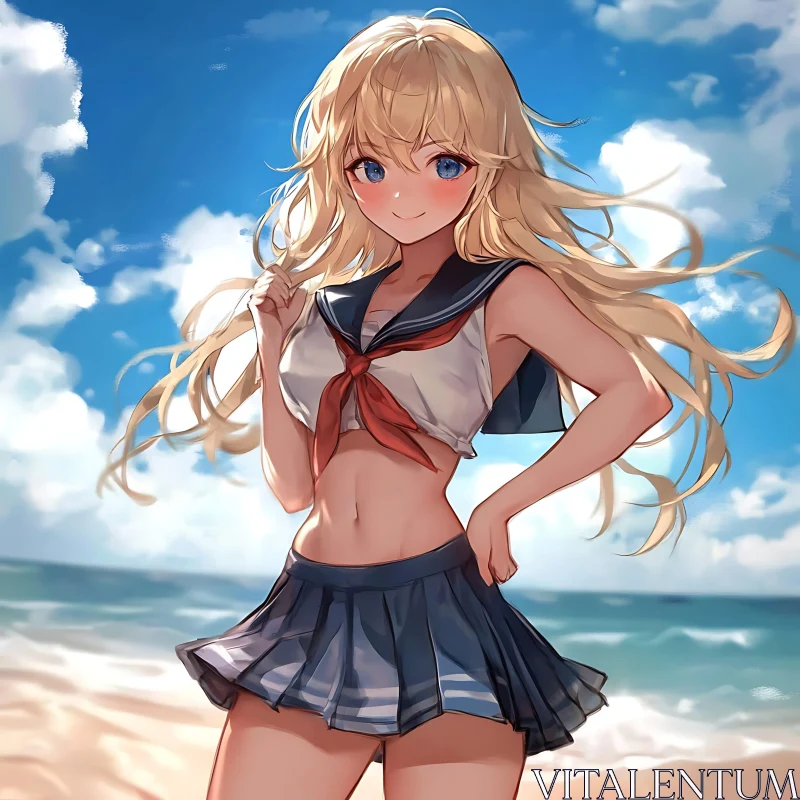 Blonde Anime Girl on Sunny Beach AI Image