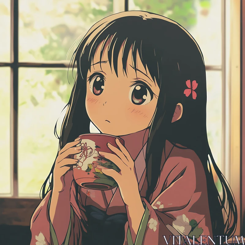 Kimono-Clad Anime Girl with Tea Cup AI Image