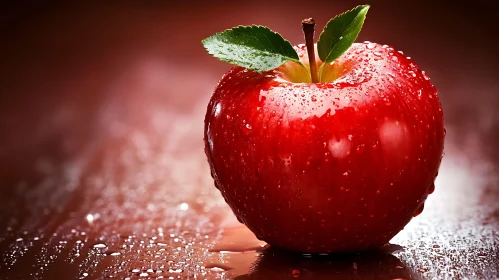 Wet Red Apple with Green Leaves