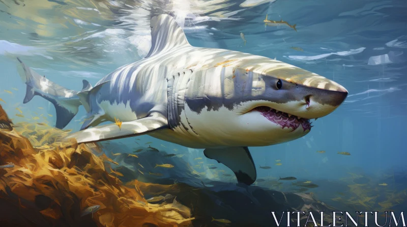 White Shark Swimming in Amber Ocean Depths AI Image