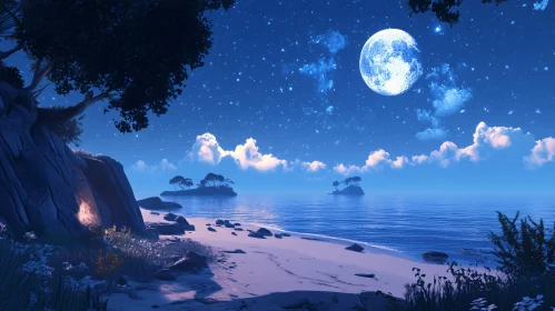 Tranquil Ocean Under Moonlight with Starry Sky