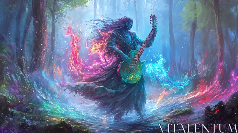 Mystical Musician in the Woods AI Image