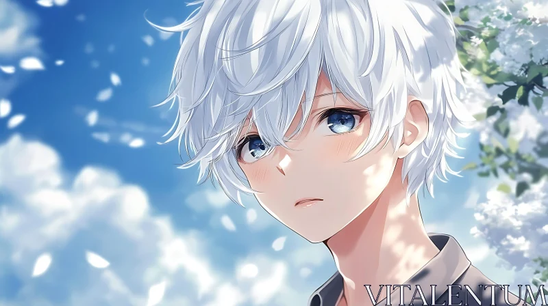 White-Haired Anime Character in a Sky Background AI Image