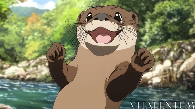 Happy Anime Otter in Nature AI Image