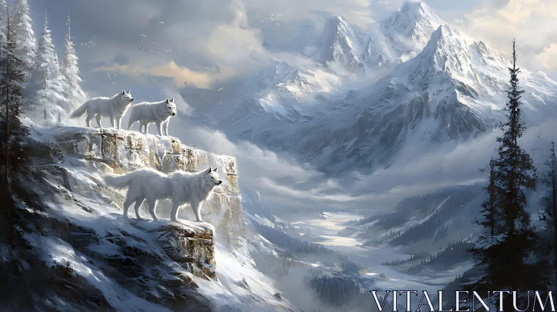 Snowy Peak Wolves Landscape AI Image