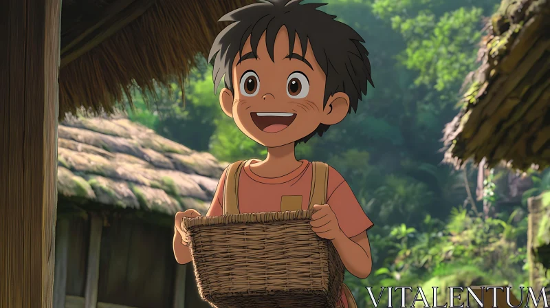 Animated Child with Basket in Lush Forest AI Image