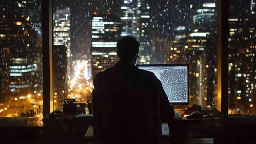 Coding Late: A Rainy Night Scene