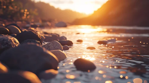 Tranquil Riverbank at Dusk with Warm Sunlight and Pebbles