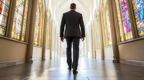 Man Walking in Stained Glass Hallway