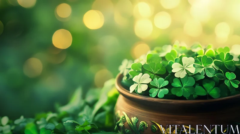 Pot of Clovers with Bokeh Lights AI Image