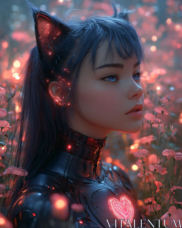 AI ART Futuristic Portrait of a Cyborg Girl in a Flowery Field