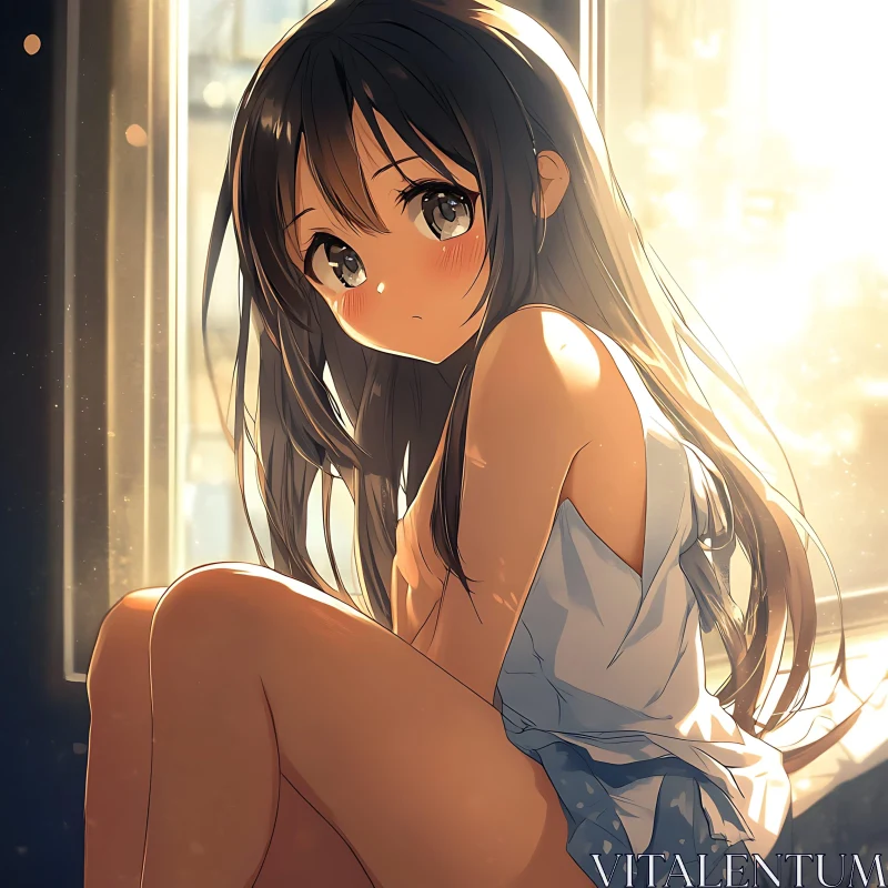 Anime Girl in Sunlight by Window AI Image