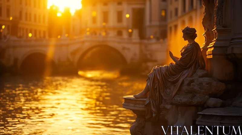 AI ART Sunset Reflections: Statue and River View