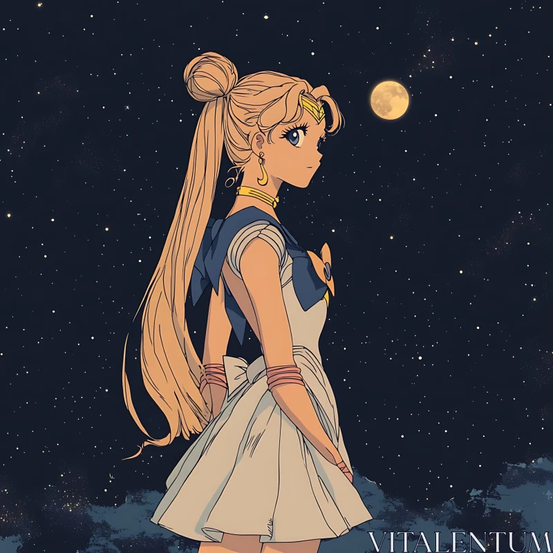 Reflective Anime Girl Under Moonlit Night AI Image