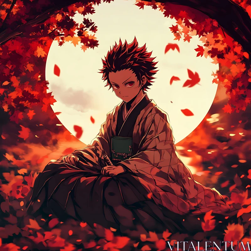 Moonlit Anime Scene with Autumn Leaves AI Image