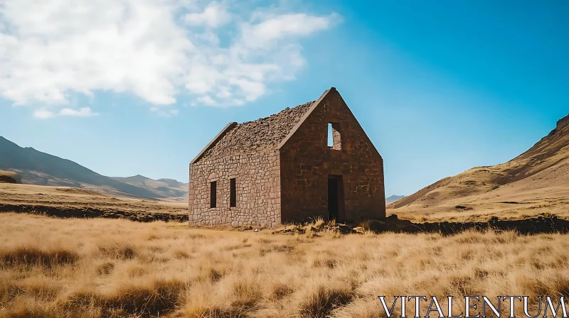 Desolate Stone House in Dry Grassland AI Image