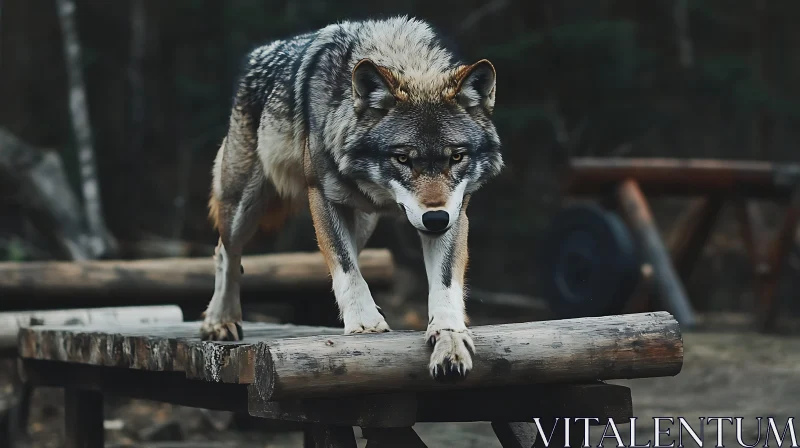 Wolf on Wood Structure AI Image