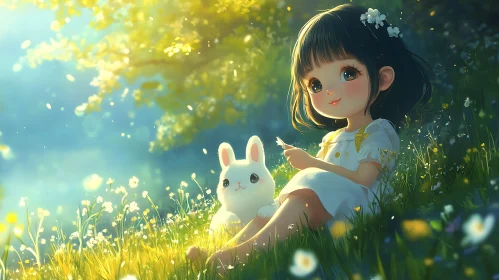 Anime Girl with Rabbit in Field