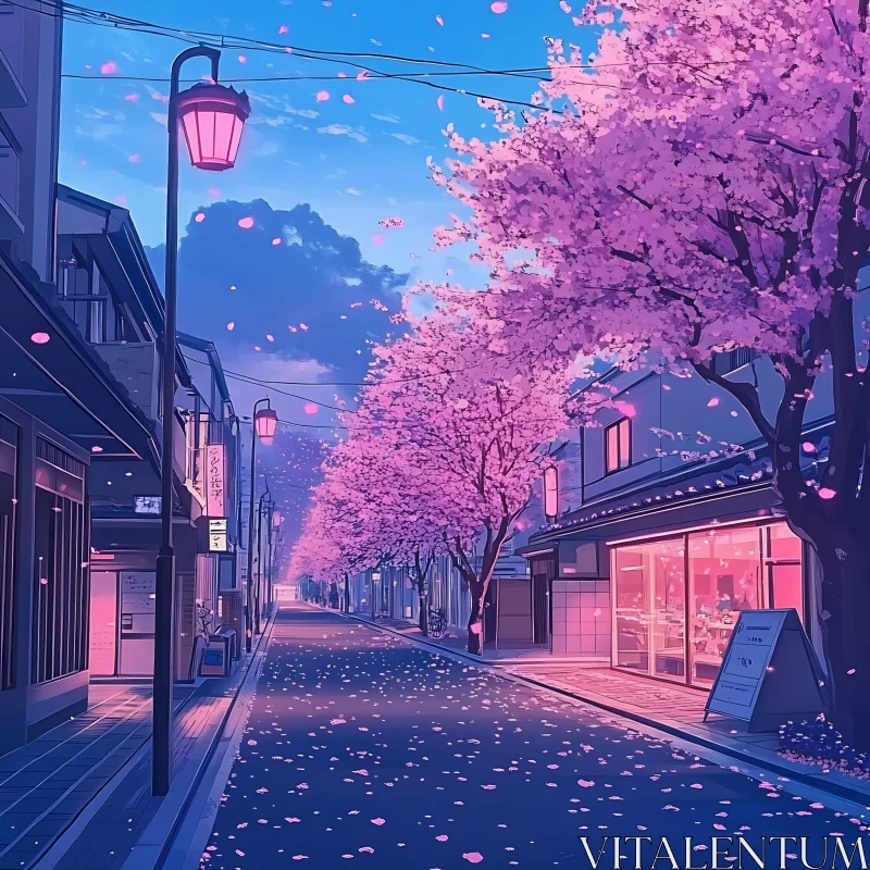 Street with Glowing Lamps and Cherry Blossoms AI Image