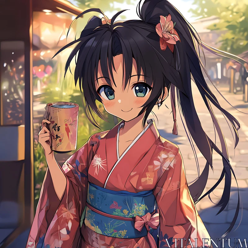 Charming Anime Girl in Floral Kimono AI Image