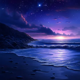 Night Seascape with Waves and Stars