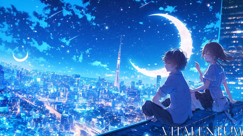 AI ART Romantic Anime Night - Moonlit Cityscape