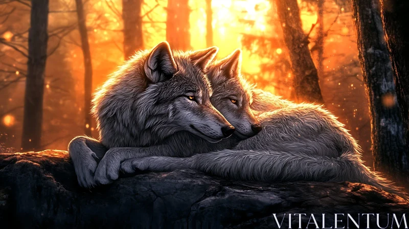 AI ART Two Wolves Embracing in the Forest