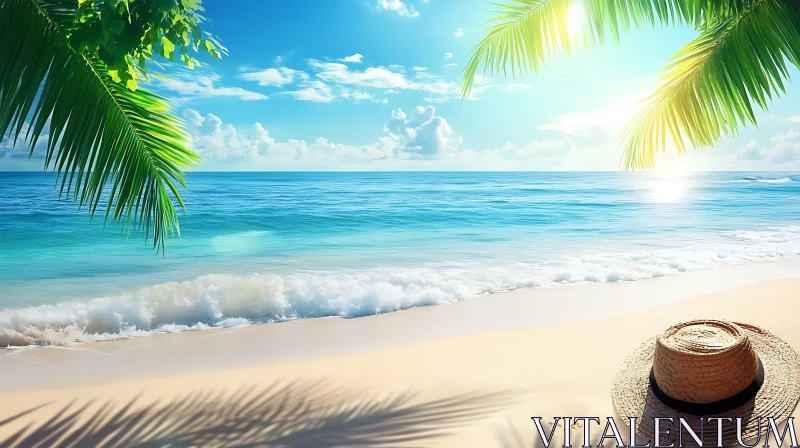 Tropical Beach Paradise with Straw Hat AI Image