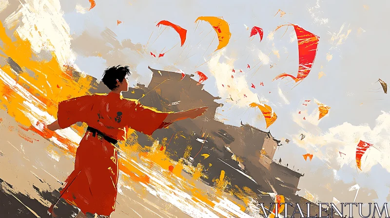 Joyful Kite Festival in Vibrant Orange AI Image