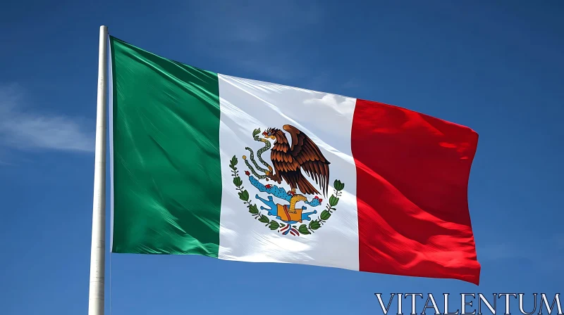 Mexican National Flag Against Blue Sky AI Image