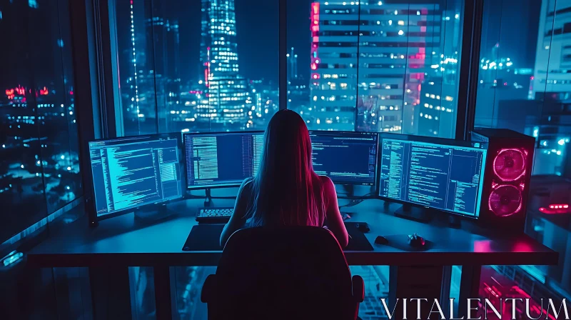 Woman Coding in Neon Cityscape AI Image