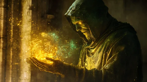 Enigmatic Sorcerer with Glowing Symbols