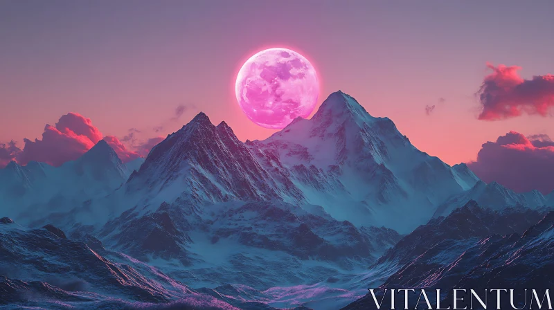 Snowy Mountains Under Pink Moonlight AI Image