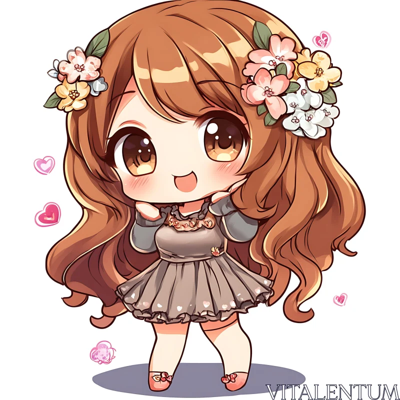 Cute Anime Chibi with Flowers AI Image