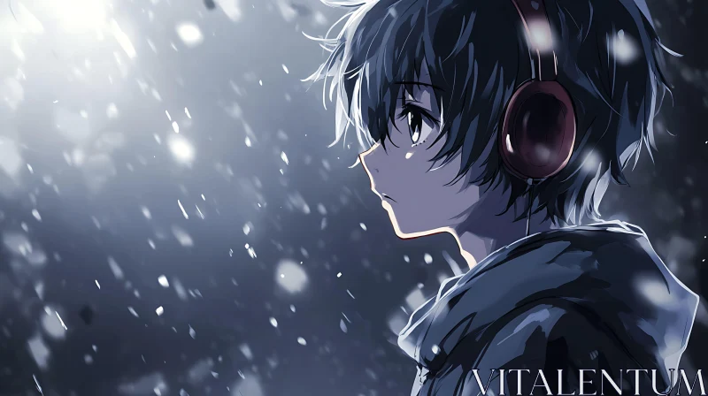 Anime Figure with Headphones in Snow AI Image