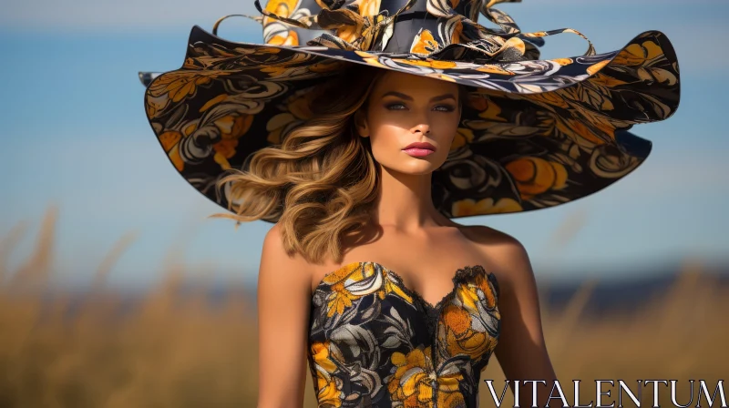 Fashion: Woman Wearing Large Hat and Dress on Warm Day AI Image
