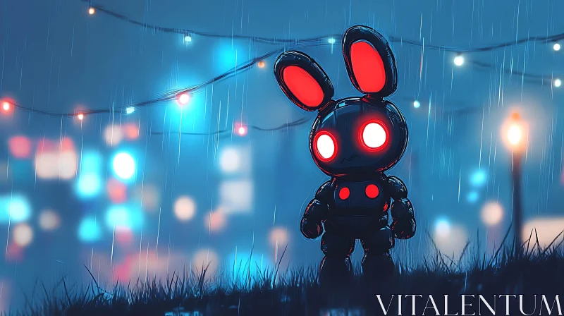 Neon Robot Bunny in the Rain AI Image