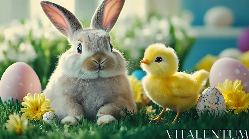 Easter Bunny with Chick and Eggs AI Image