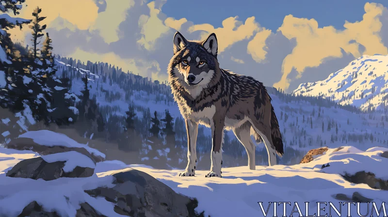 AI ART Lone Wolf in Snowy Mountains