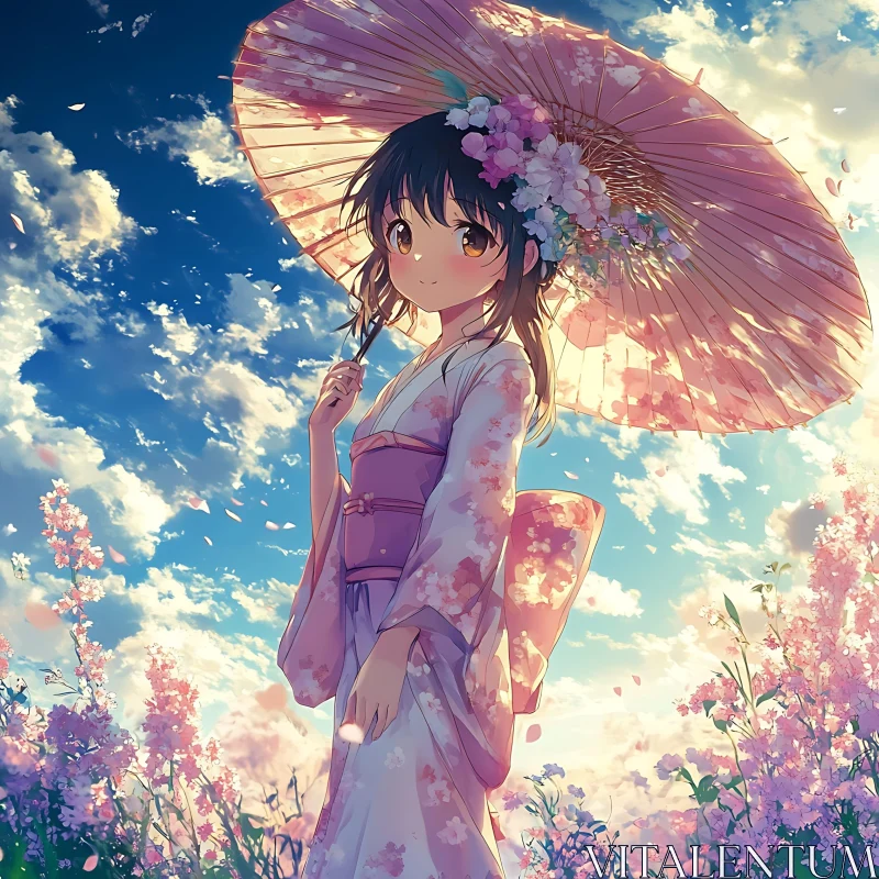 Serene Anime Girl in Traditional Kimono under Flower-Adorned Parasol AI Image