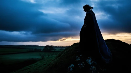 Woman Silhouette on Hill at Dusk