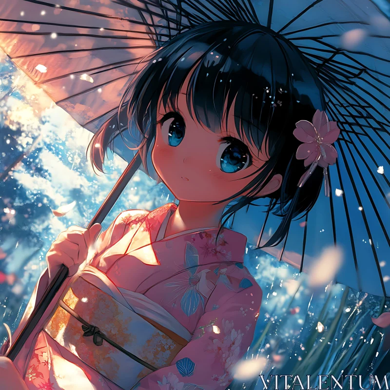 Charming Anime Girl with Umbrella and Kimono AI Image