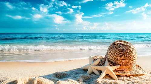 Seaside Relaxation: Hat and Starfish on Sand