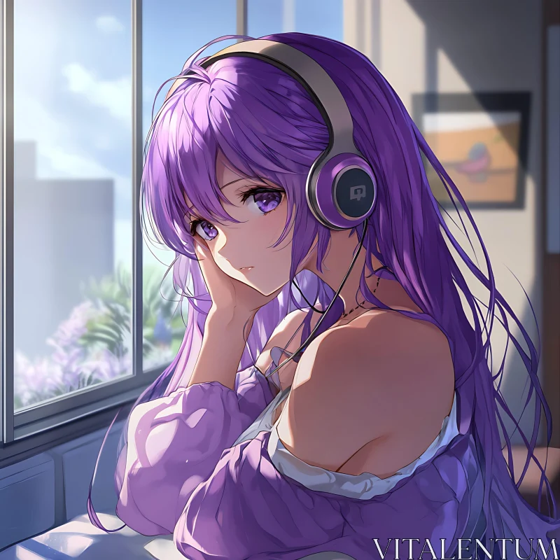 Thoughtful Anime Girl with Headphones and Purple Hair AI Image