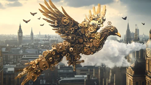Mechanical Bird Flying Above City