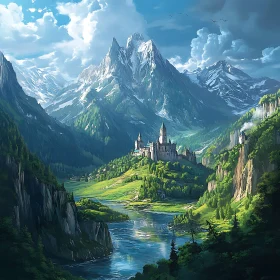 Mountain Castle Landscape with River