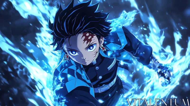 Mystical Anime Hero Surrounded by Blue Flames AI Image