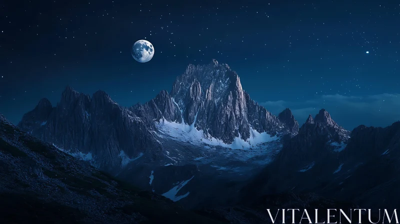 Serene Mountain Night with Moon and Stars AI Image