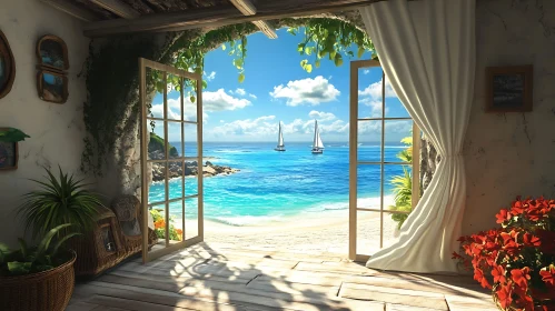 Tranquil Beach Scene with Sailboats