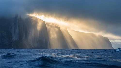 Sunlight Illuminates Cliffs Over Ocean Scene